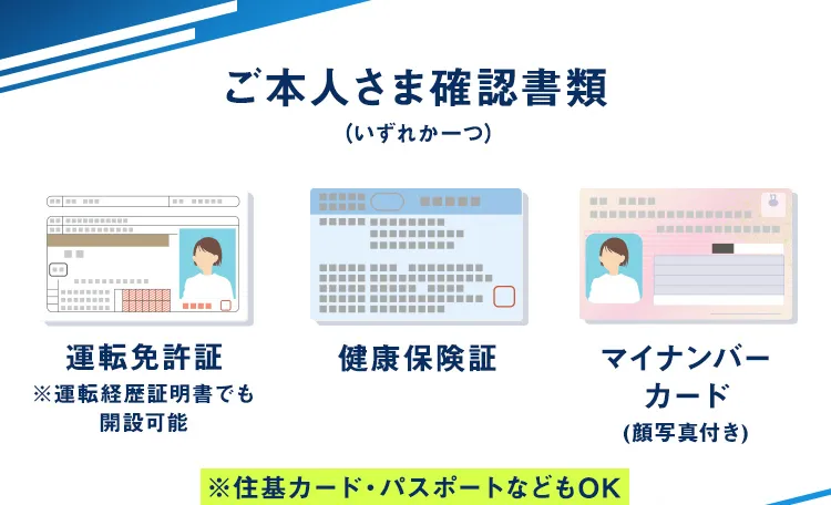 ご本人さま確認書類（いずれか一つ）運転免許証※運転経歴証明書でも 開設可能・健康保険証・マイナンバー カード (顔写真付き)
                          