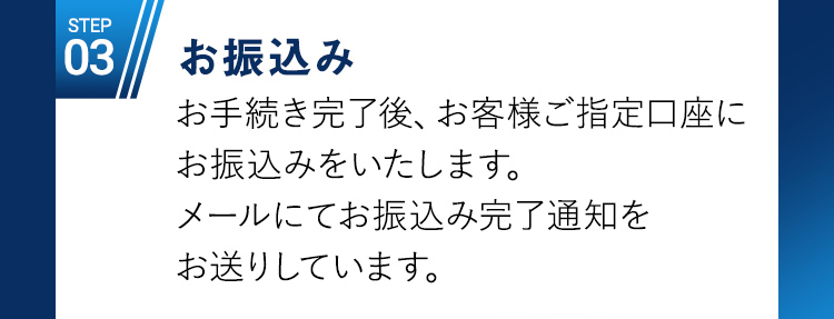 STEP03 お振込み お手続き完了後、お客様ご指定口座にお振込みをいたします。メールにてお振込み完了通知をお送りしています。