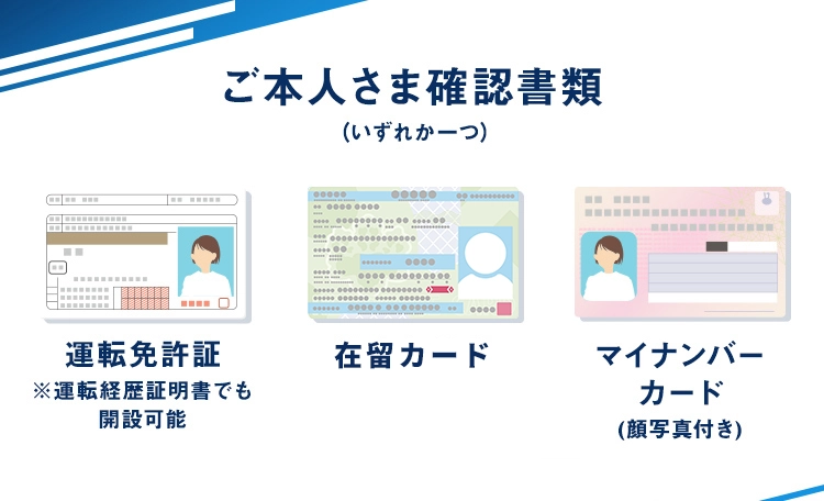ご本人さま確認書類（いずれか一つ）運転免許証※運転経歴証明書でも 開設可能・マイナンバー カード (顔写真付き)
                          